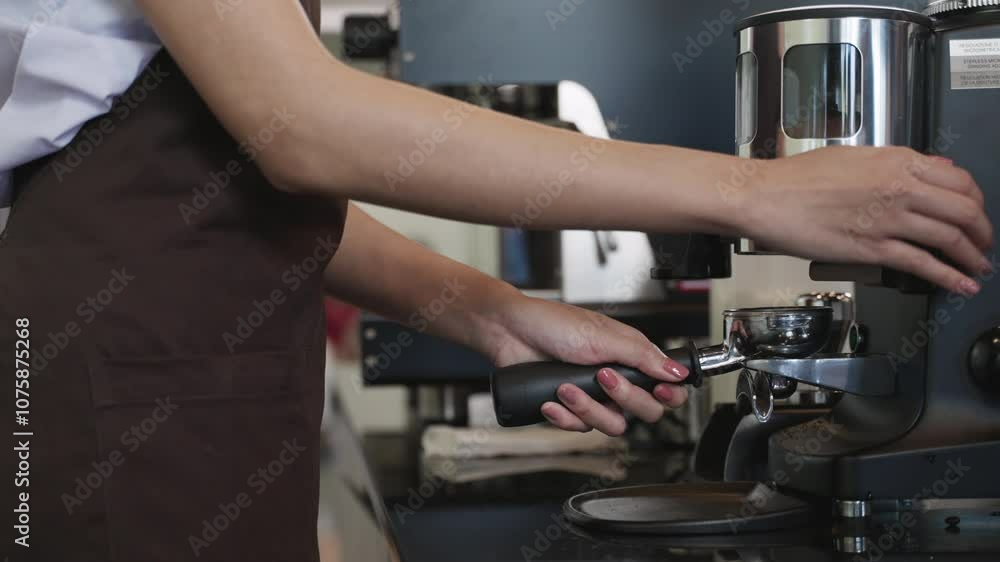 Professional female barista worker in an apron standing using a coffee grinder automatic machine and pouring into a portafilter for getting ready to make coffee in a coffee shop at the restaurant. Professional female barista worker in an apron standing using a coffee grinder automatic machine and pouring into a portafilter for getting ready to make coffee in a coffee shop at the restaurant.