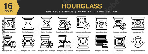 Hourglass icon set. Editable Stroke Icon Collection. Includes Clock, Hourglass, Time, Timekeeper, Timer, Watch, and More. Outline icons vector collection.