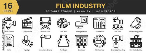 Film Industry icon set. Editable Stroke Icon Collection. Includes lighting ring, clapper board, directors, editing software, crew, and More. Outline icons vector collection.