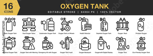 Oxygen Tank icon set. Editable Stroke Icon Collection. Includes Diving, Healthcare, Medical, Oxygen, Tank, and More. Outline icons vector collection.