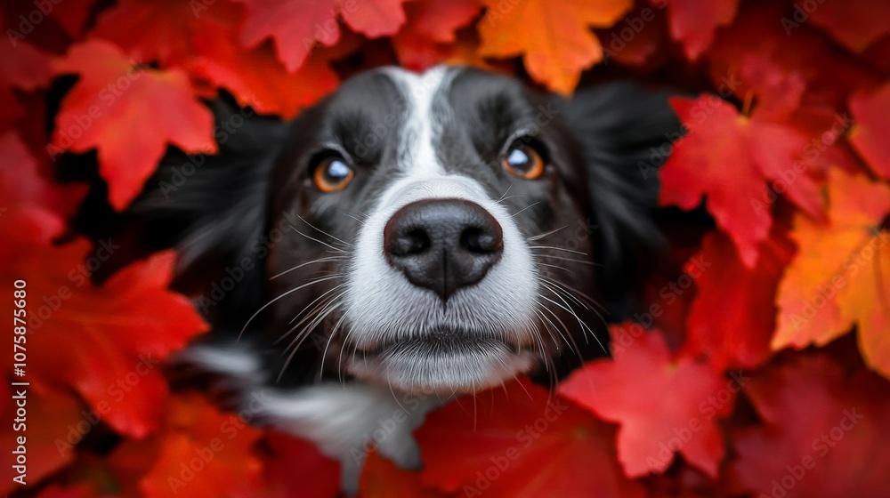 Border Collie Dog's Face Peeking Through Red Autumn Leaves Border Collie Dog's Face Peeking Through Red Autumn Leaves