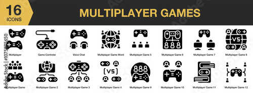 Multiplayer Games solid icon set. Includes Battle, Competition, Game, Multiplayer, Video, and More. Solid icons vector collection.