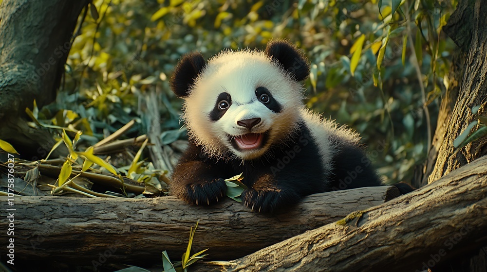 Obraz premium A playful panda cub lounging on a log, surrounded by greenery, exuding joy and curiosity.