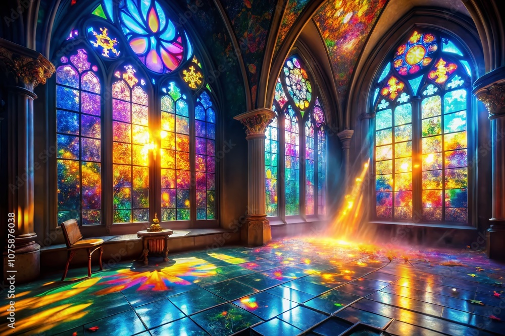 Obraz premium Enchanted Light Through Surreal Stained Glass Windows: A Dreamlike Perspective on Color and Form in Architectural Design