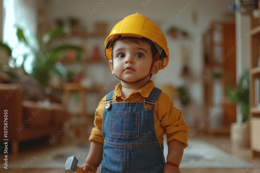 Indian little boy cosplay as builder construction worker at living room Indian little boy cosplay as builder construction worker at living room