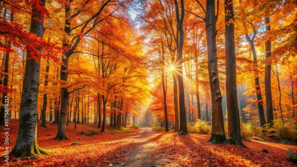 Fototapeta premium Enchanting Autumn Forest Scene Captured in Oil Painting Style on Canvas, Showcasing Vibrant Fall Colors Amidst Lush Trees, Leaves, and Tranquil Natural Beauty