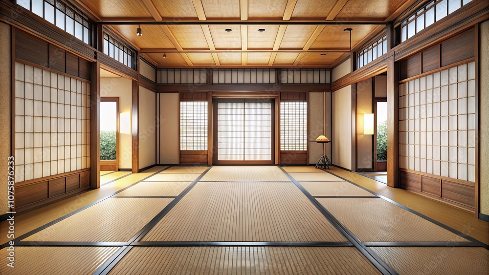 Interior of an empty Japanese style room with tatami mat floor , Japanese, traditional, minimalist, zen, serene Interior of an empty Japanese style room with tatami mat floor , Japanese, traditional, minimalist, zen, serene