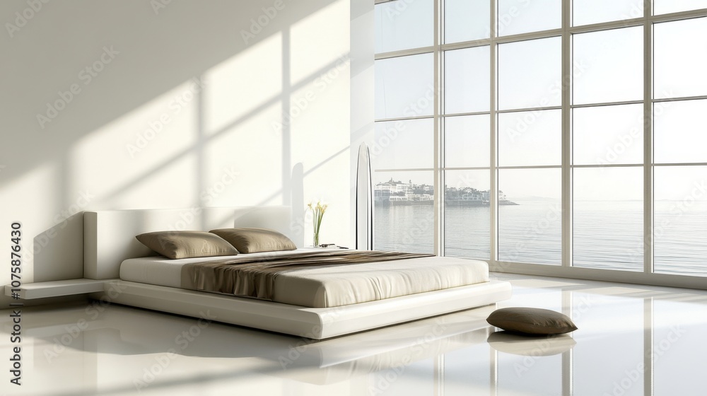 A minimalist modern bedroom featuring a clean-lined bed, A minimalist modern bedroom featuring a clean-lined bed,
