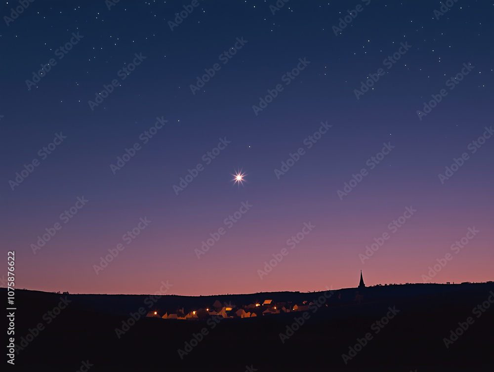 A minimalist night sky with a bright, singular star over a small town silhouette in the distance, representing Bethlehem A minimalist night sky with a bright, singular star over a small town silhouette in the distance, representing Bethlehem