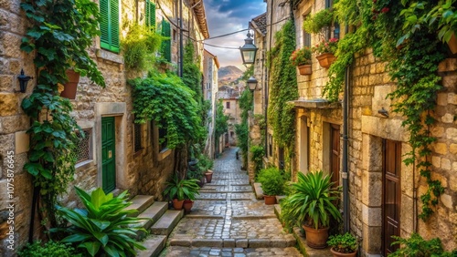 Enchanting Double Exposure Photography of a Narrow Street in Dubrovnik Old Town Blending Historic Architecture with Lush Greenery for a Unique Visual Experience