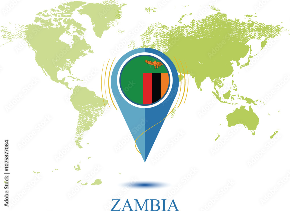 Naklejka premium map with magnified ZAMBIA. map of my current position, map pointer icon isolated on white background ZAMBIA state flag. map vector illustration, Map pin ZAMBIA flag.eps