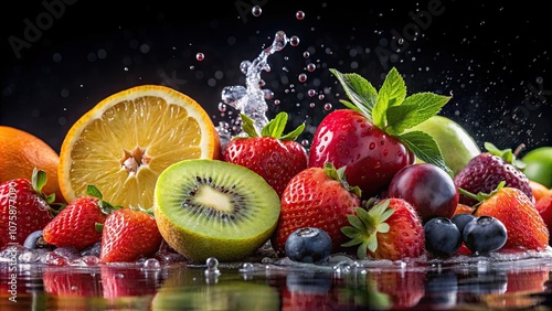 Fototapeta Naklejka Na Ścianę i Meble -  Close-up of fresh fruits with water drops on a black background, fresh, fruits, water drops, close-up, black background, healthy