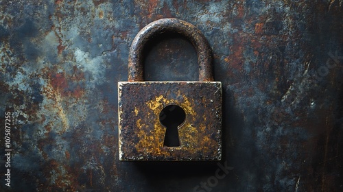 A rusty padlock on a textured surface, symbolizing security and protection.