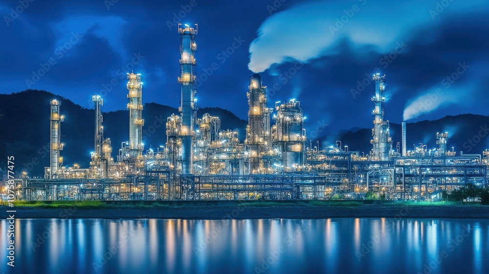 A panoramic view of a high-tech oil refinery at night, lights A panoramic view of a high-tech oil refinery at night, lights