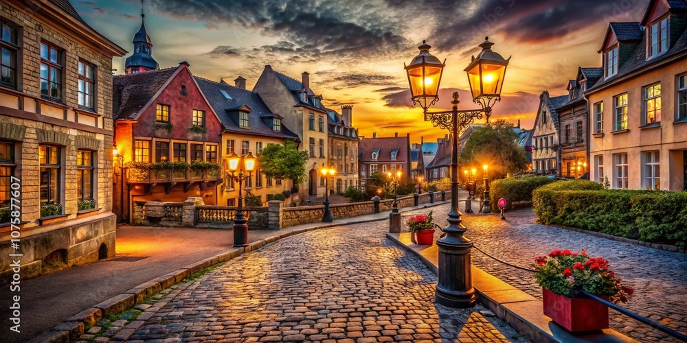 Fototapeta premium Enchanting Vintage Cityscape at Dusk with Illuminated Lanterns Casting Warm Glow on Historic Architecture and Cobblestone Streets