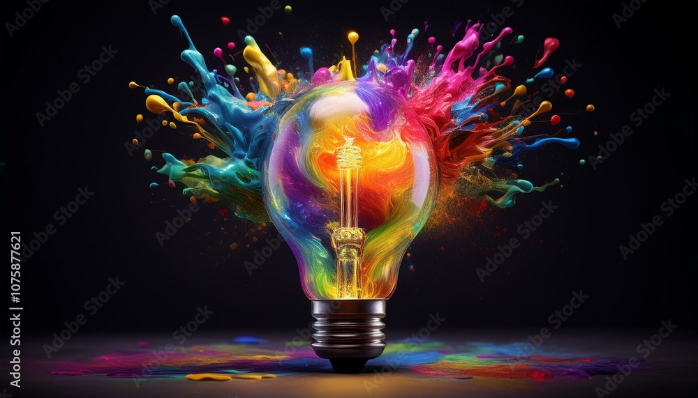 Exploding light bulb with colorful paint splashes on black background, symbolizing creative ideas. Exploding light bulb with colorful paint splashes on black background, symbolizing creative ideas.
