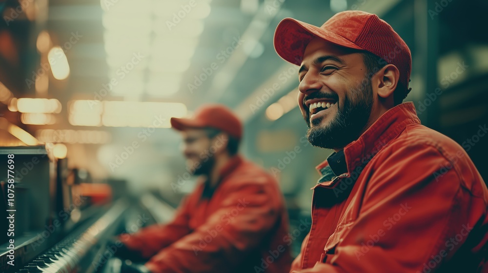 Fototapeta premium Hispanic male worker laughing with colleagues in factory, promoting positive work environment