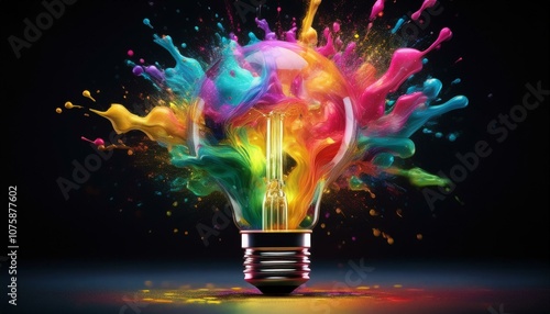 Exploding light bulb with colorful paint splashes on black background, symbolizing creative ideas.