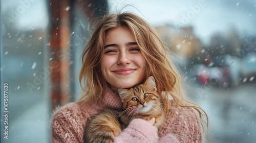 young woman cuddling her ca...