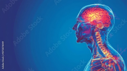 Illustration of human head pain, with a blue background and a glowing red and orange area around the joint in focus 