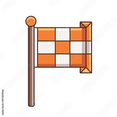 Orange checkered racing flag vector icon, Vector illustration of an orange and white checkered flag on a pole, symbolizing racing finish or victory, isolated on white.
