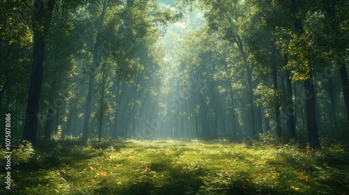 Lush forest with sunlight filtering through trees, creating a serene atmosphere.