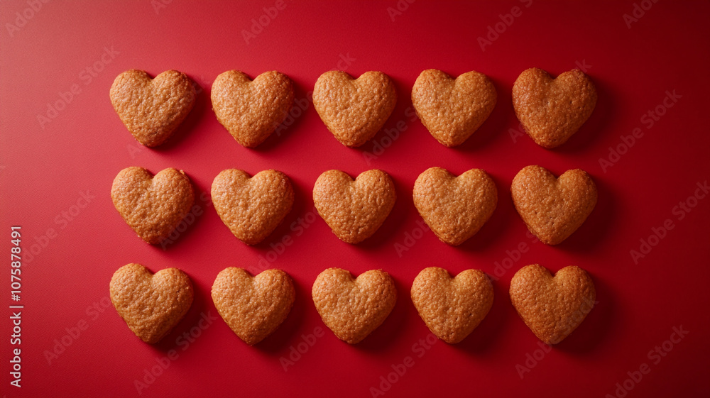 Heart-shaped cookies arranged in a grid for Valentine's Day celebration on a red background Heart-shaped cookies arranged in a grid for Valentine's Day celebration on a red background