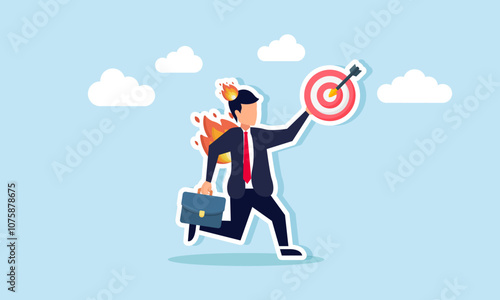 fire burning a businessman holding a target board, illustration of a deadline to complete business targets