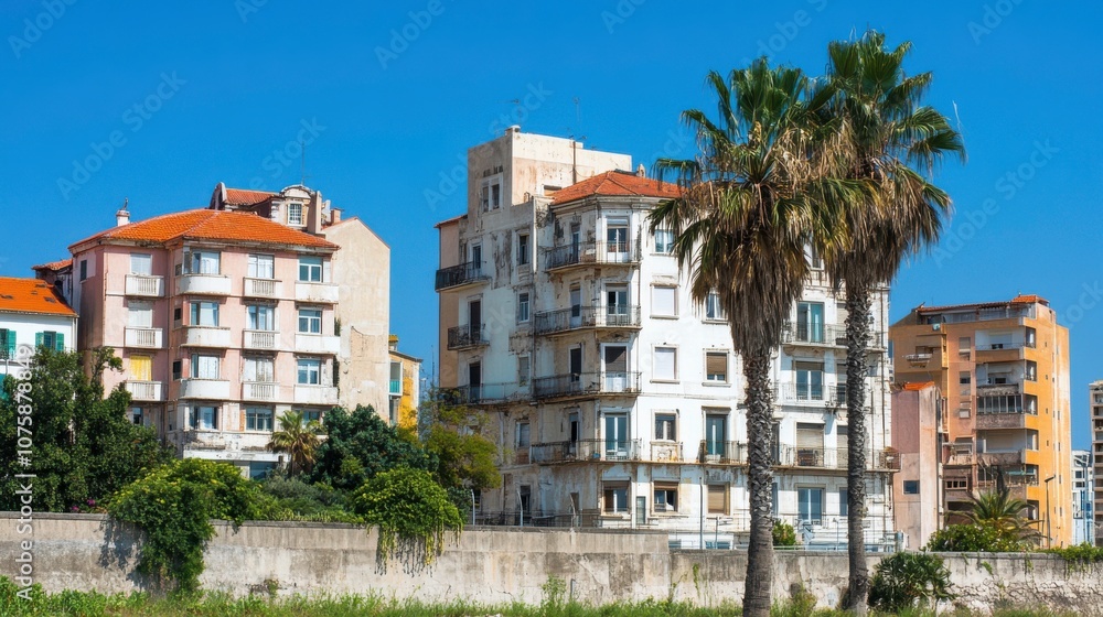 Urban buildings with palm trees against blue sky. Urban buildings with palm trees against blue sky.