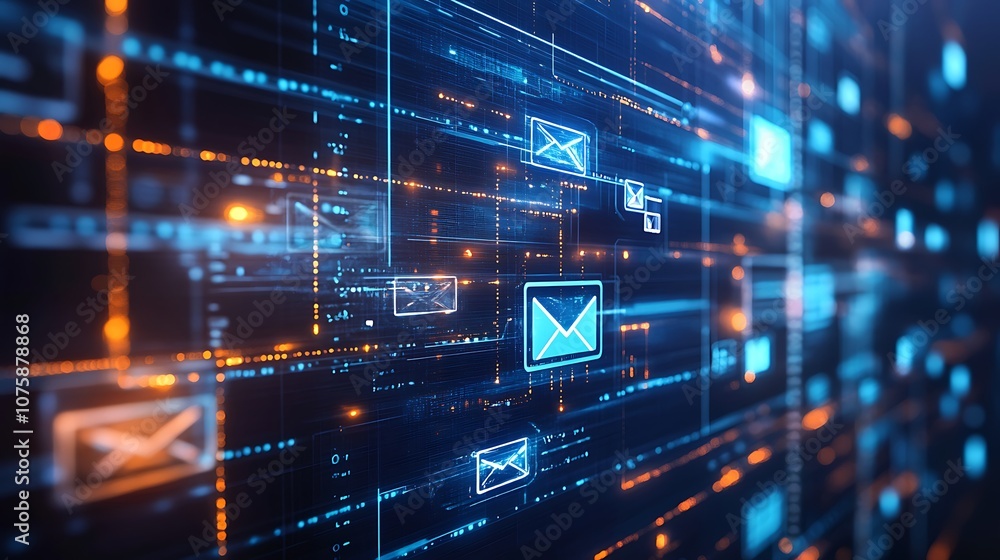 A digital representation of communication networks with email icons and data streams. A digital representation of communication networks with email icons and data streams.