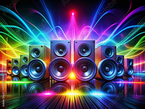 Eye-catching speakers emitting pulsating sound waves in vibrant neon colors, creating a dynamic atmosphere for music and party themes, featuring long exposure effects and energetic visuals photo