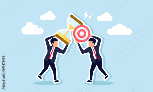 two businessmen clash with items they carry, one hold a hourglass and the other a target board, illustration of debate to finish a dateline project with numerous business targets