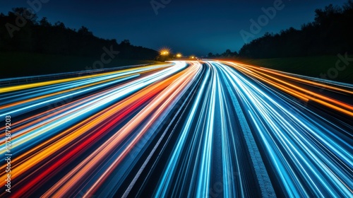 Nighttime highway with light trails from vehicles.