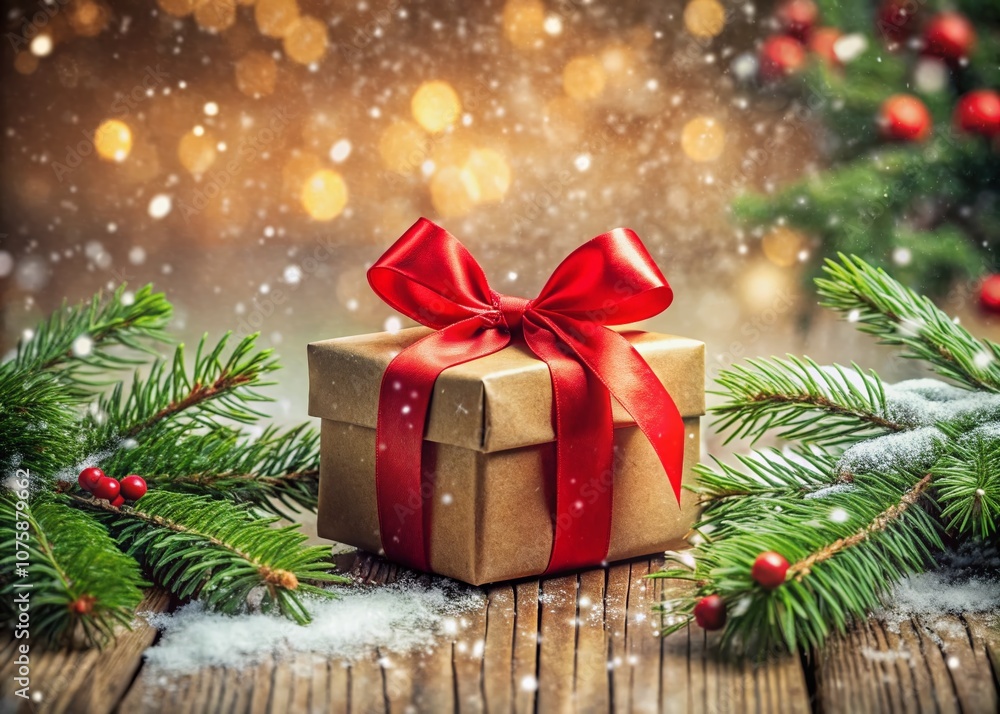 Festive Holiday Gift Box with Red Bow on Wooden Table Surrounded by Pine Leaves and Falling Snow, Creating a Warm Bokeh Effect for a Cozy Winter Atmosphere Festive Holiday Gift Box with Red Bow on Wooden Table Surrounded by Pine Leaves and Falling Snow, Creating a Warm Bokeh Effect for a Cozy Winter Atmosphere