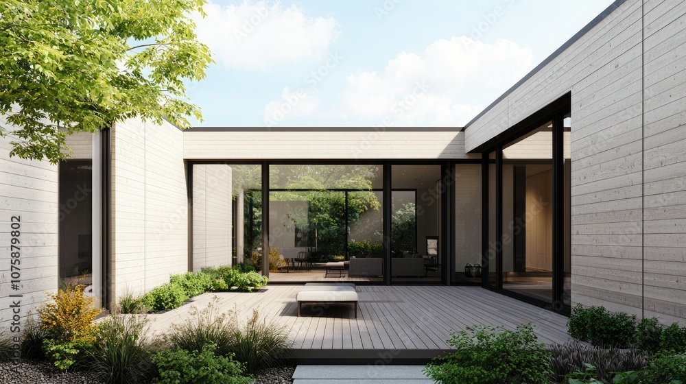 A modern courtyard featuring minimalist architecture, lush greenery, and natural light, creating a serene and inviting outdoor space. A modern courtyard featuring minimalist architecture, lush greenery, and natural light, creating a serene and inviting outdoor space.
