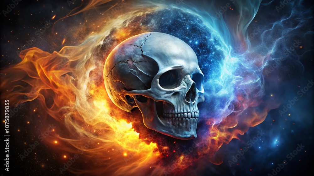 Fiery and Icy Skull Surrounded by Flames and Smoke Representing Life, Death, and the Balance of Opposing Forces in a Dark Cosmic Universe Fiery and Icy Skull Surrounded by Flames and Smoke Representing Life, Death, and the Balance of Opposing Forces in a Dark Cosmic Universe
