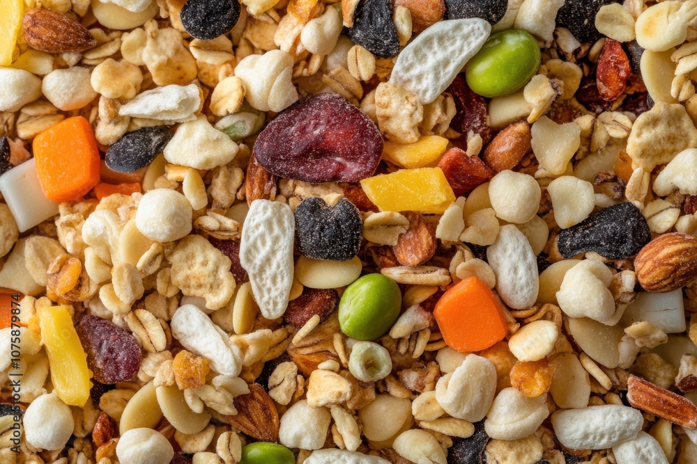 Close-up of a mixture of granola, dried fruit, and nuts. Close-up of a mixture of granola, dried fruit, and nuts.