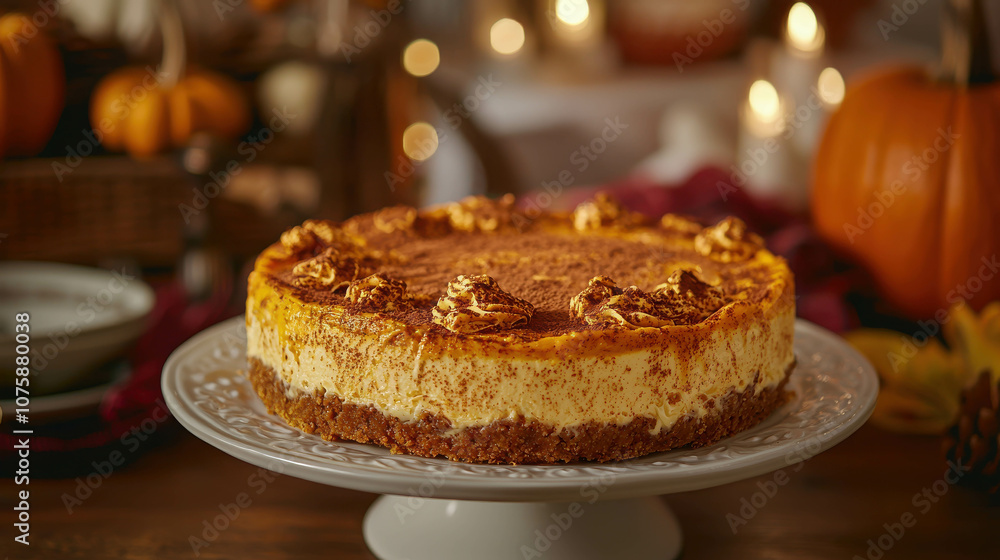 Indulge in a Luxurious Pumpkin Cheesecake, Golden and Creamy, Perfectly Decorated with Crispy Caramelized Toppings, Capturing the Essence of Decadent Fall Desserts Indulge in a Luxurious Pumpkin Cheesecake, Golden and Creamy, Perfectly Decorated with Crispy Caramelized Toppings, Capturing the Essence of Decadent Fall Desserts
