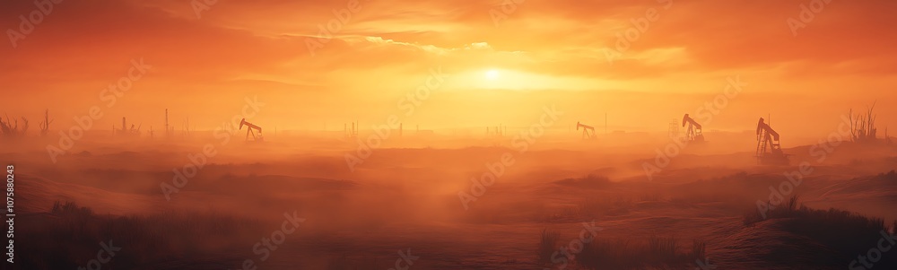 Naklejka premium A breathtaking sunset casts a warm orange glow over a misty landscape, with silhouettes of wind turbines in the distance.