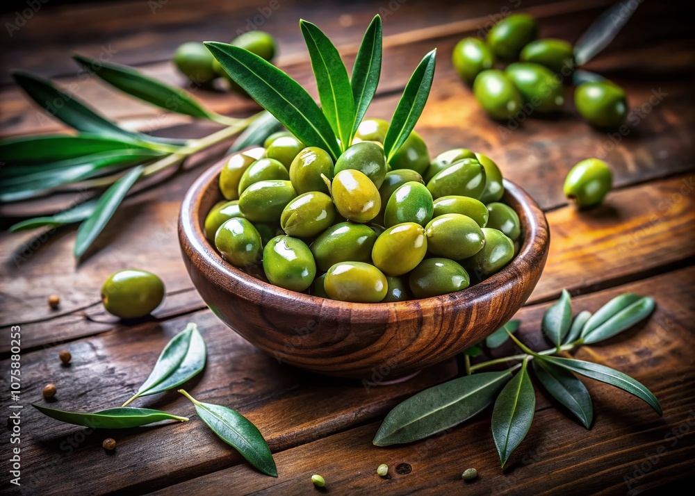 Fresh Green Olives in a Rustic Bowl Surrounded by Olive Leaves, Showcasing Natural Beauty and Culinary Potential of This Delightful Mediterranean Ingredient Fresh Green Olives in a Rustic Bowl Surrounded by Olive Leaves, Showcasing Natural Beauty and Culinary Potential of This Delightful Mediterranean Ingredient