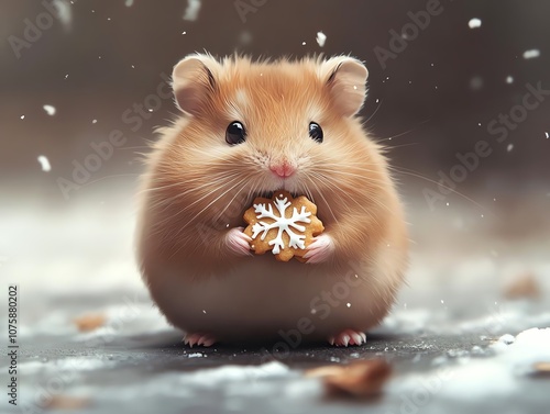 Cute hamster holds snowflake shaped cookie. photo