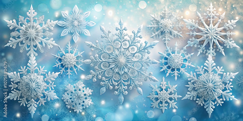 A Symphony of Winter's Delicate Geometry, Where Each Snowflake Embraces a Unique Form and Pattern, Shimmering with a Cold and Enchanting Light A Symphony of Winter's Delicate Geometry, Where Each Snowflake Embraces a Unique Form and Pattern, Shimmering with a Cold and Enchanting Light