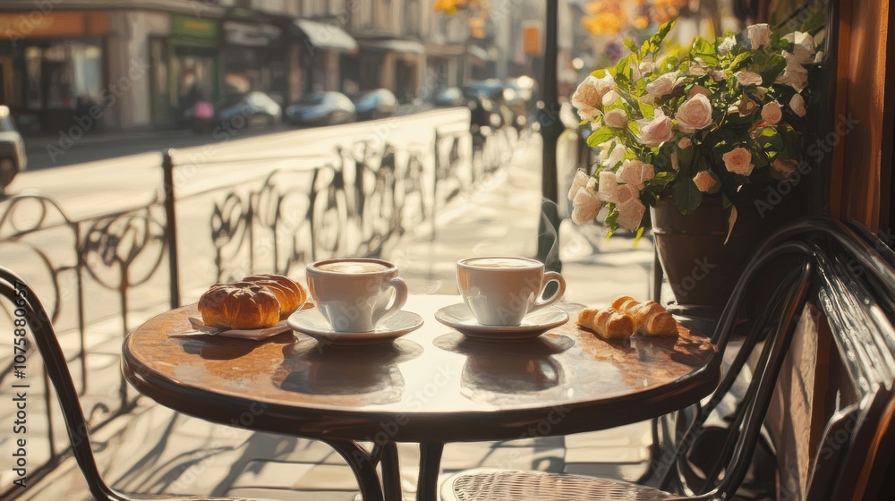 A serene outdoor cafe with a view of the street, featuring A serene outdoor cafe with a view of the street, featuring