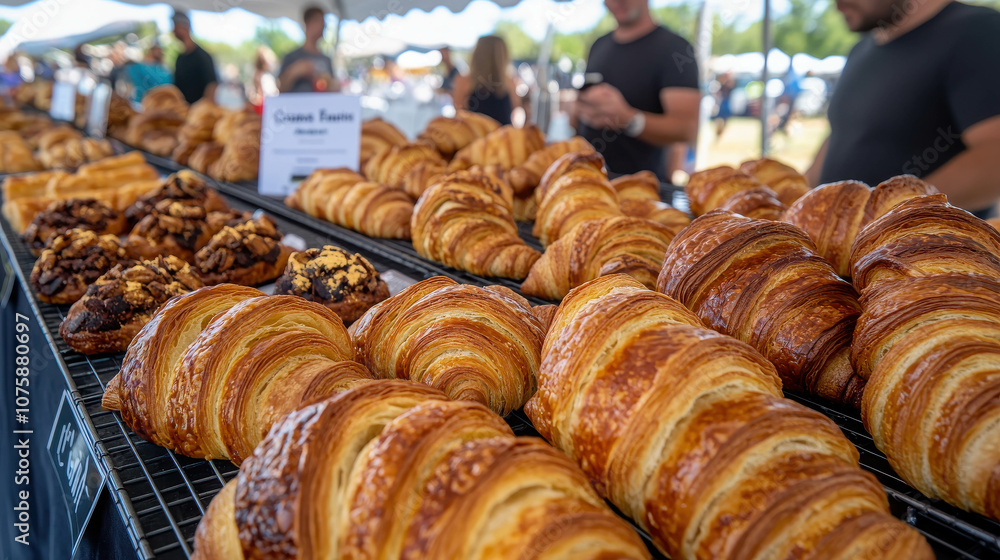 A Vibrant Scene of Delicious Croissants and Treats at the Croissant Festival Featuring a Grand Tasting Event with Enthusiastic Visitors Enjoying Gourmet Pastries A Vibrant Scene of Delicious Croissants and Treats at the Croissant Festival Featuring a Grand Tasting Event with Enthusiastic Visitors Enjoying Gourmet Pastries