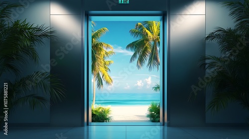 A serene view of a tropical beach through an open elevator door, surrounded by lush greenery.