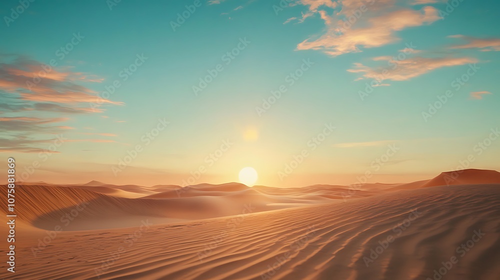 A serene desert landscape at sunset, showcasing rolling sand dunes and a vibrant sky.