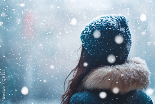 Portrait of woman with beanie hat while snowfall, Selective focus woman in winter with snowflake.