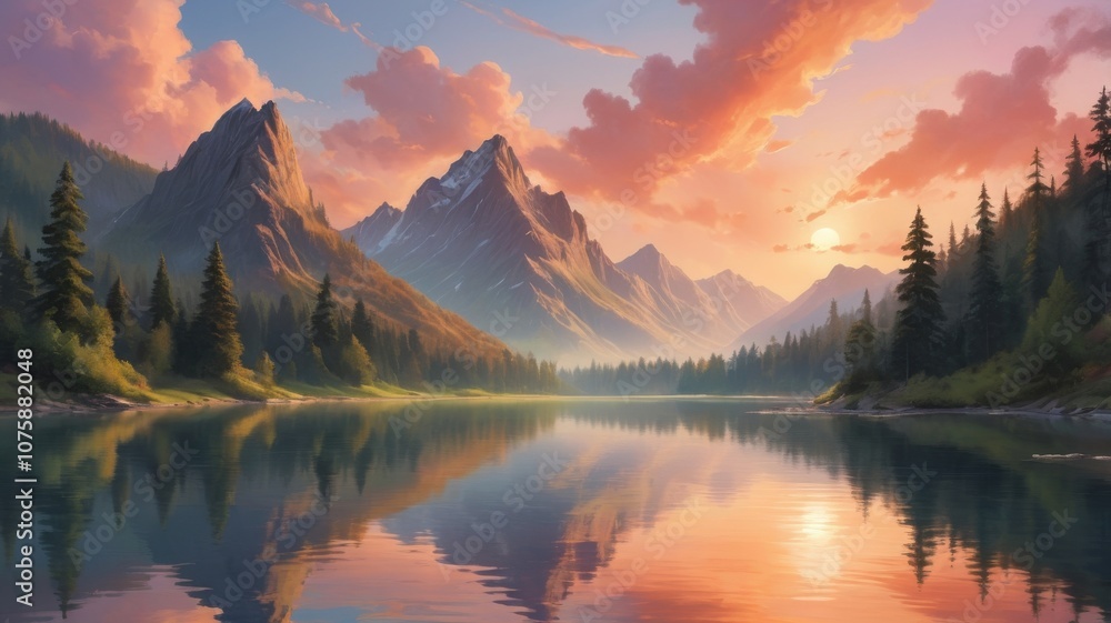 for screen window computer, image of mountain landscape at sunset, with rugged peaks and dense green forests reflected in a calm lake. for screen window computer, image of mountain landscape at sunset, with rugged peaks and dense green forests reflected in a calm lake.