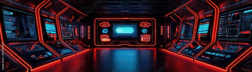 A futuristic control room illuminated with neon blue and red lights, featuring multiple high-tech screens and a sleek design. A futuristic control room illuminated with neon blue and red lights, featuring multiple high-tech screens and a sleek design.