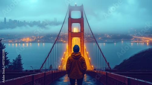 Enchanting View of Golden Gate Bridge Amidst Foggy Night